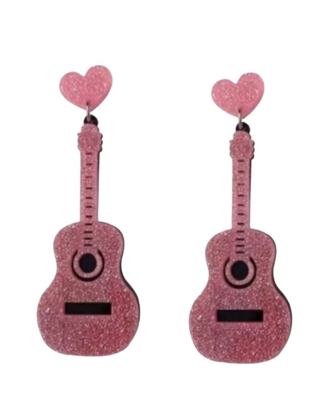 PINK Acrylic Guitar Pierced Bling Earrings - Picture 3 of 4